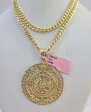 14k Chain Mayan Calendar Charm Set Miami Cuban Link 5mm 18"-30" Necklace Pendant