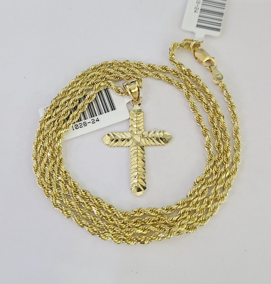 10k Solid Rope Chain 2mm Jesus Cross Pendant Charm Necklace SET 18-24 in