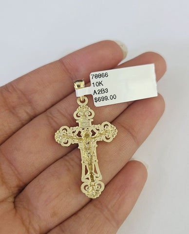 10K Solid Franco Chain INRI Jesus Cross Pendant Charm Necklace 18"-24" 1.5mm