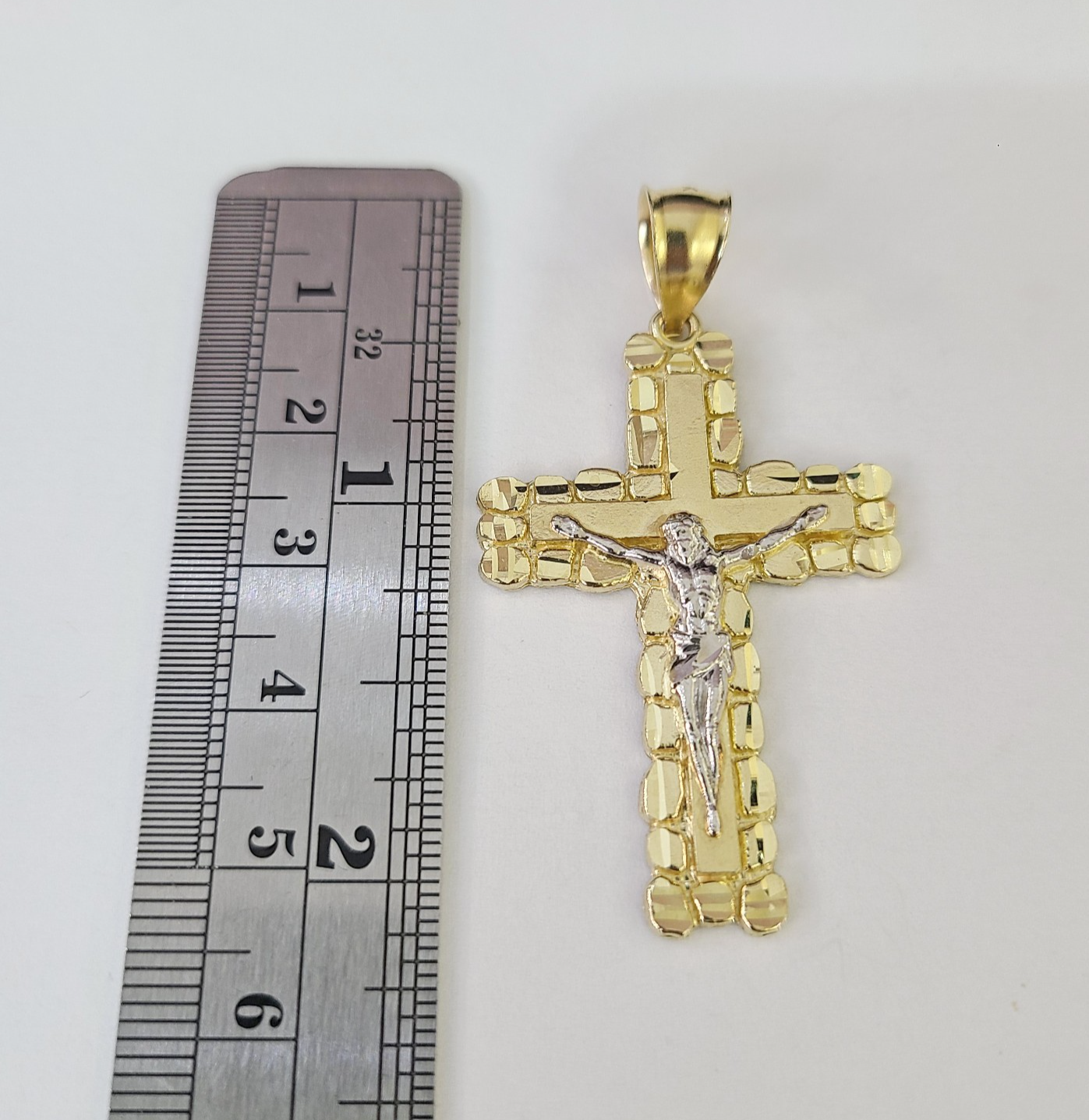 10k Gold Chain Cuban Curb Jesus Cross Charm Pendant Link 5mm 18"-28" Inch SET