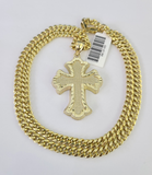 10k Jesus Cross Charm Miami Cuban Chain Pendant Set 5mm 18"28" Necklace Gold