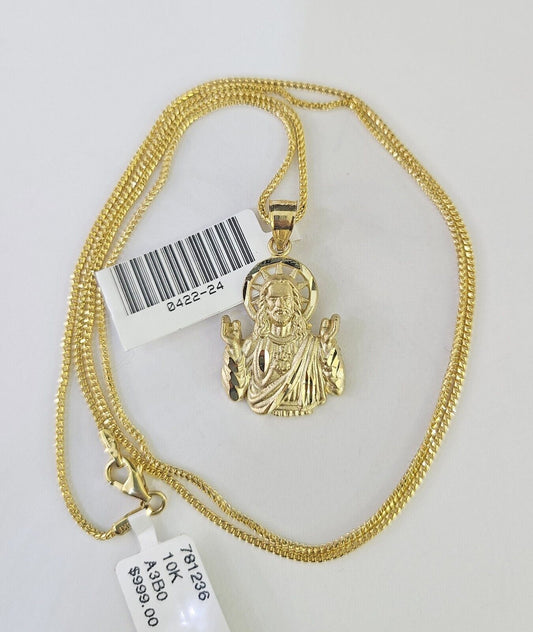 10K Solid Franco Chain Praying Jesus Cross Pendant Charm Necklace 18"-24" 1.5mm