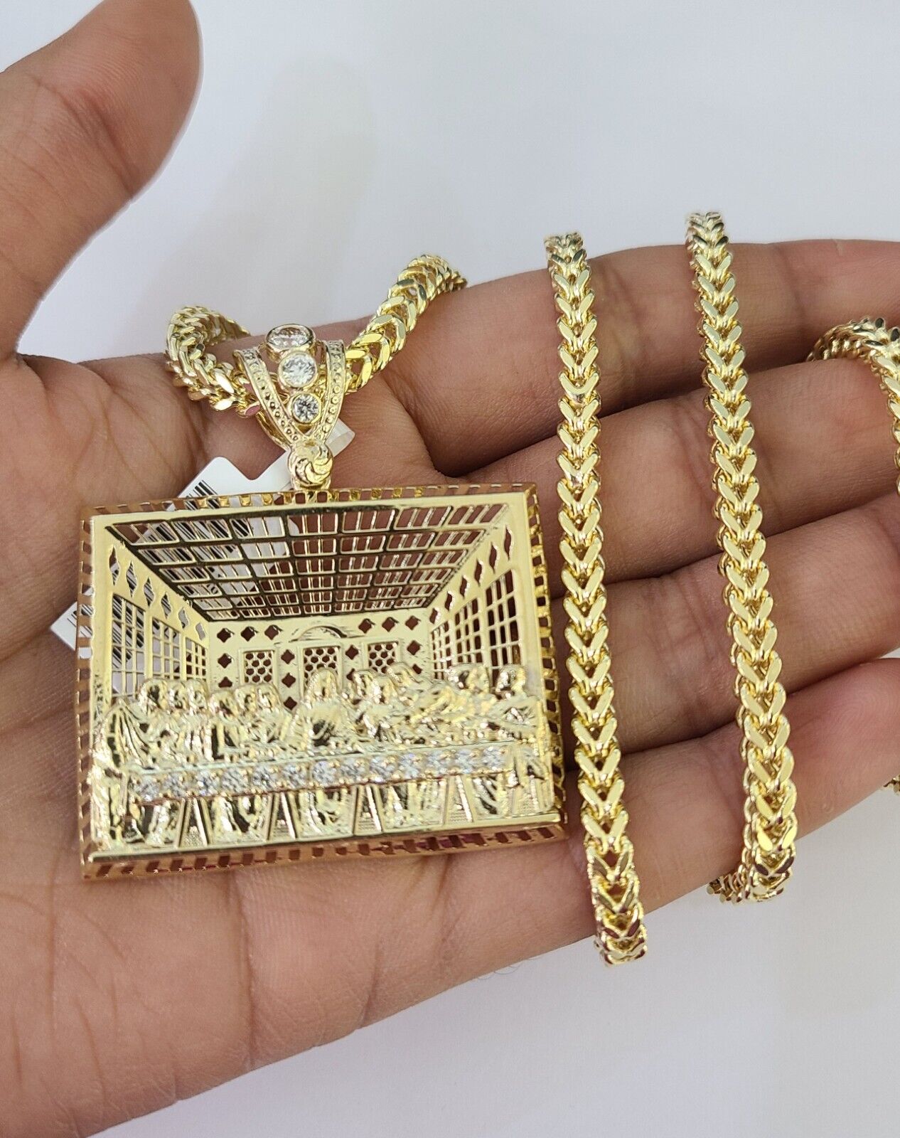 10K Franco Chain Last Supper Pendant Charm Necklace 20"-28" 4mm Yellow Gold SET