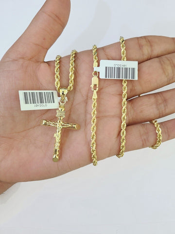 Real 10k 3mm Rope Chain INRI Cross Pendant 18" 20" 22" 24" 26" Gold Set