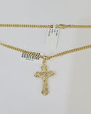 10K Gold Miami Cuban Chain INRI Cross Charm Length 18"-26" 2.5mm REAL Yellow