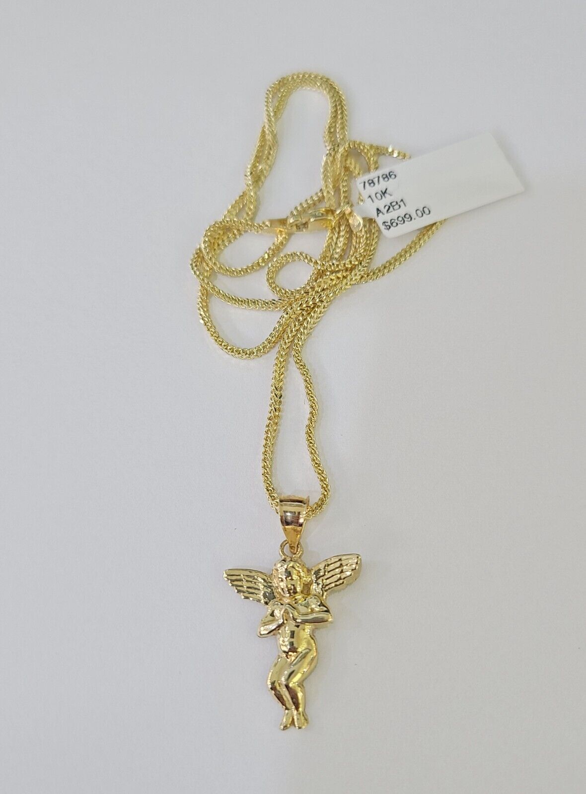 10K Gold Franco Chain Praying Angel Charm SET 16-20 Inches 1mm Ladies Women