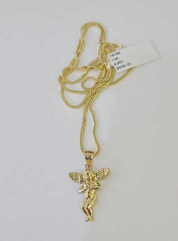 10K Gold Franco Chain Praying Angel Charm SET 16-20 inches 1mm Ladies Women