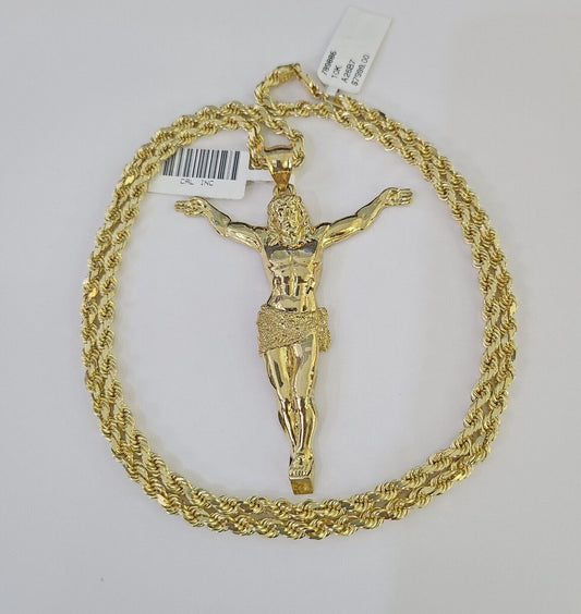 10k Solid Rope Chain Jesus Full Body Charm Set 4mm 20"-28" Necklace Gold Yellow