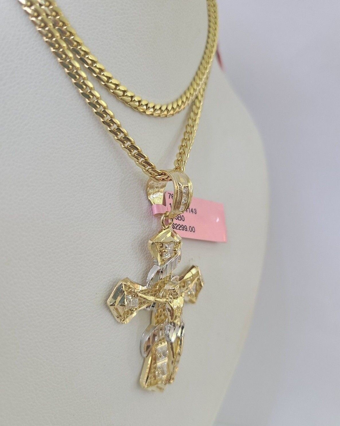 Real 14k Solid Chain Cross Charm Set Miami Cuban Link 3mm Necklace Pendant Gold