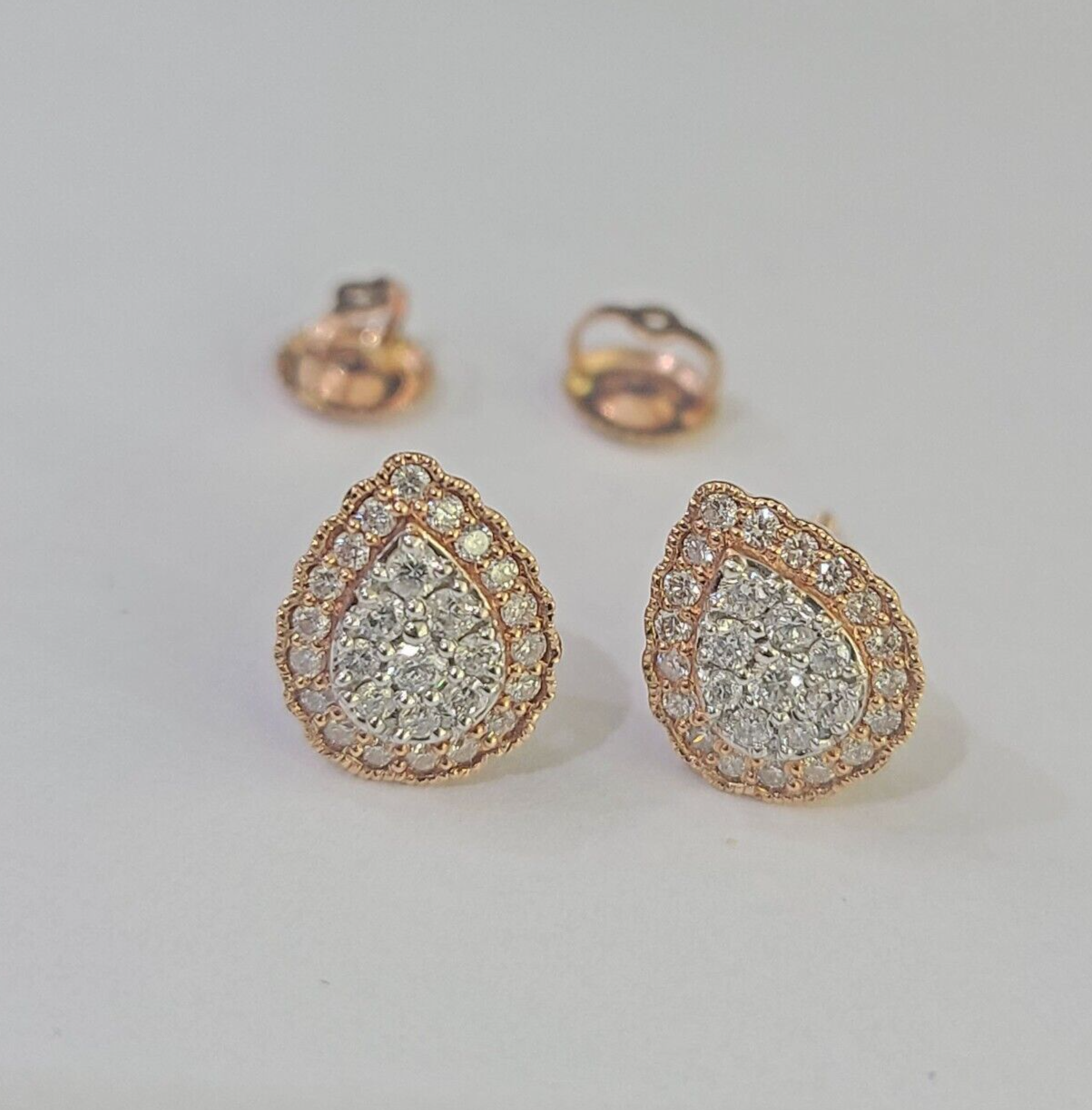 Real 10k Rose Gold Earrings Pear Shaped Diamond Screw-Back Women Men Studs