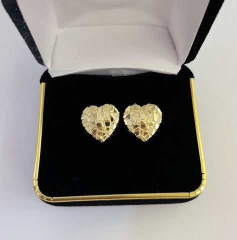 10k Gold Nugget Heart Earrings With Push Back Real 10kt Gold Studs Unisex