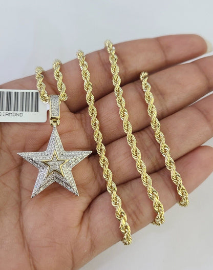 10k Solid Rope Chain 3mm Diamond Star Pendant Charm Necklace SET 18-26 in