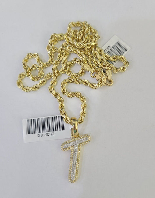 10k 3mm Rope Solid Chain T Diamond Pendant Alphabet 18"-28" Gold Charm Necklace