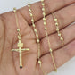 Real 14k Gold Rosary Necklace INRI Jesus Cross Women 22" Diamond Cut Solid