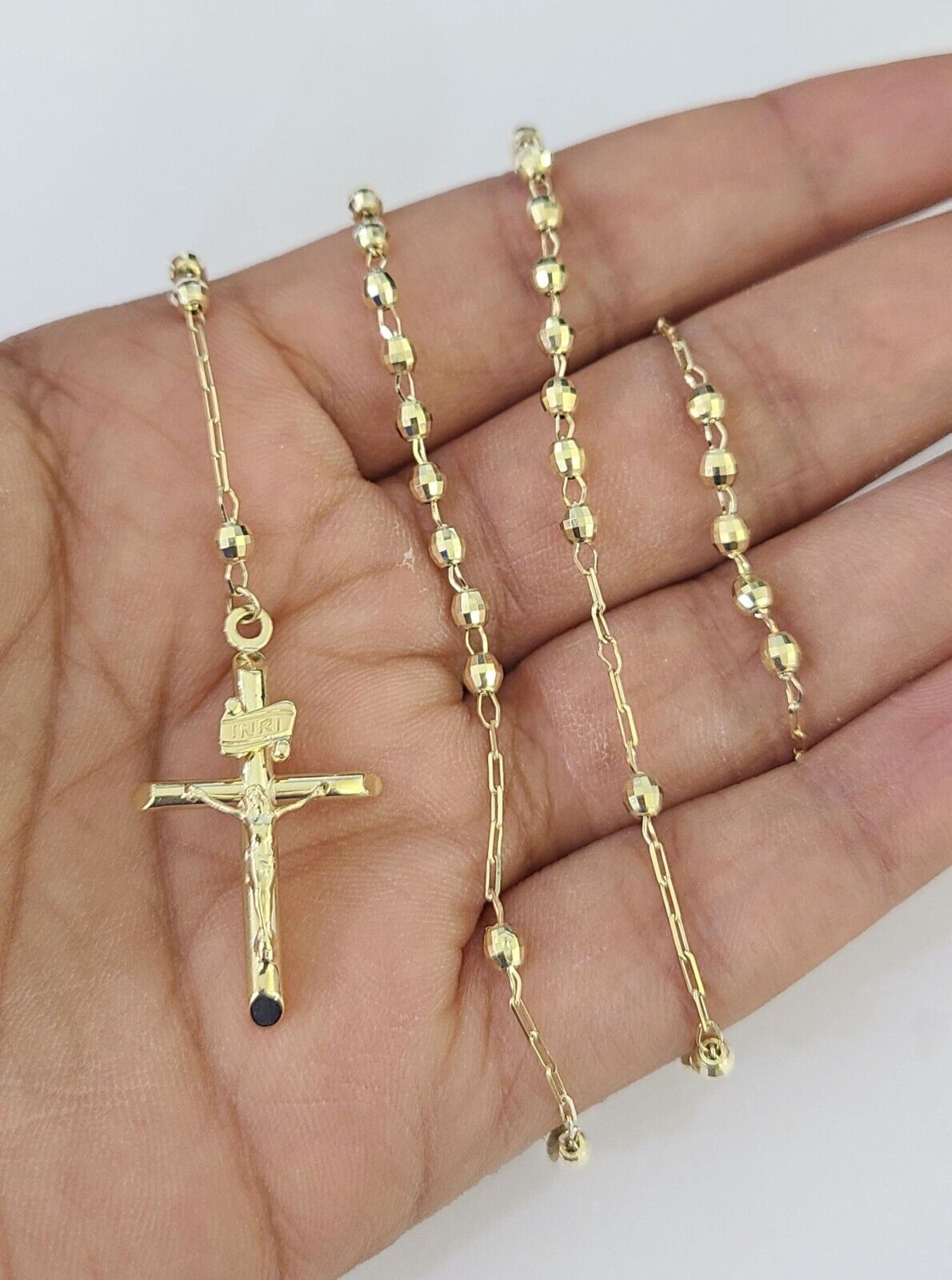 Real 14k Gold Rosary Necklace INRI Jesus Cross Women 22" Diamond Cut Solid