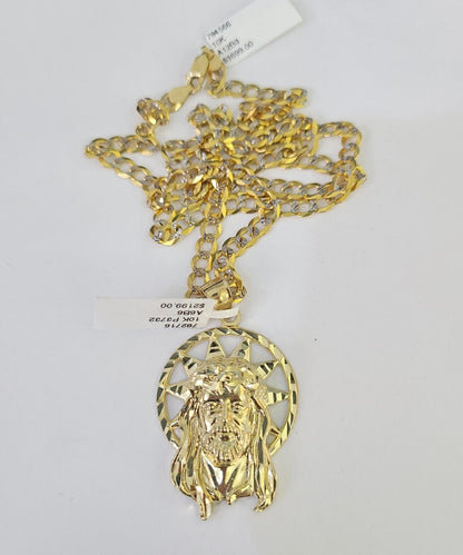 10k Gold Chain Jesus Head Charm Solid Cuban Curb Link 5mm 18"-28" Inch SET