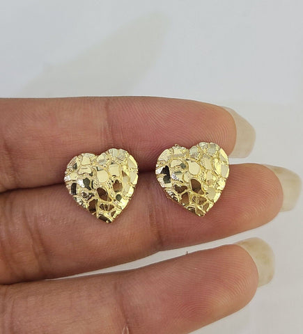 10k Gold Nugget Heart Earrings With Push Back Real 10kt Gold Studs Unisex