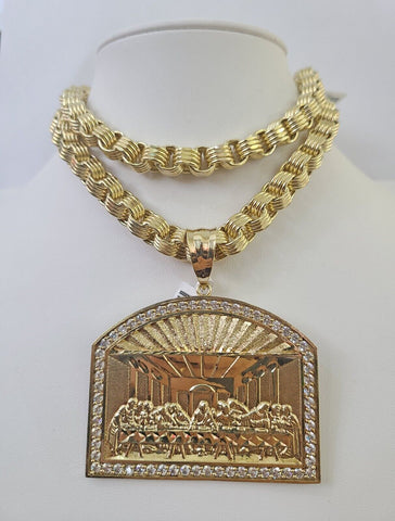 10k Gold Byzantine Necklace Last Supper Charm 20-30 inches 9mm REAL SET Chain