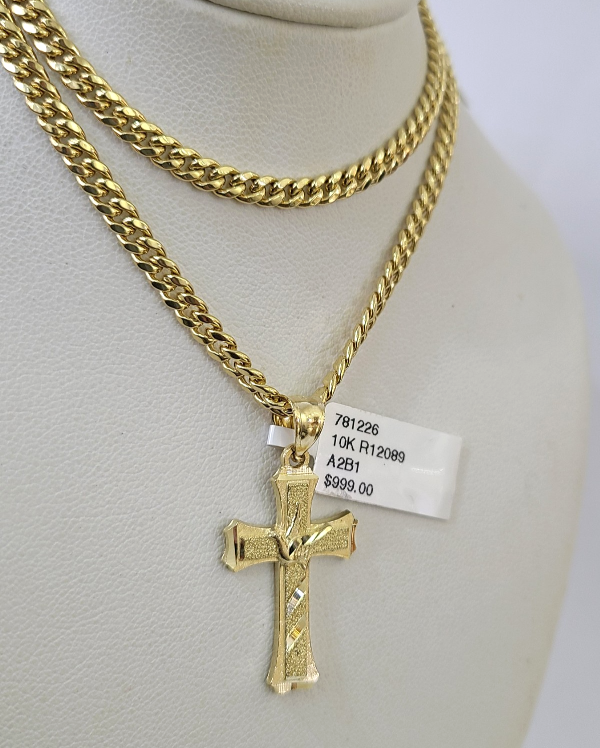 10k Gold Chain Miami Cuban Jesus Cross Charm Pendant Set 4mm 18"-28" Necklace