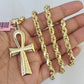 Real 14k Rope Chain Ankh Cross Charm Set 6mm 18"-28" Necklace Yellow Gold