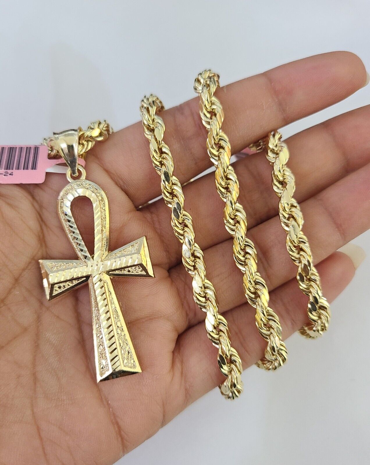 Real 14k Rope Chain Ankh Cross Charm Set 6mm 18"-28" Necklace Yellow Gold