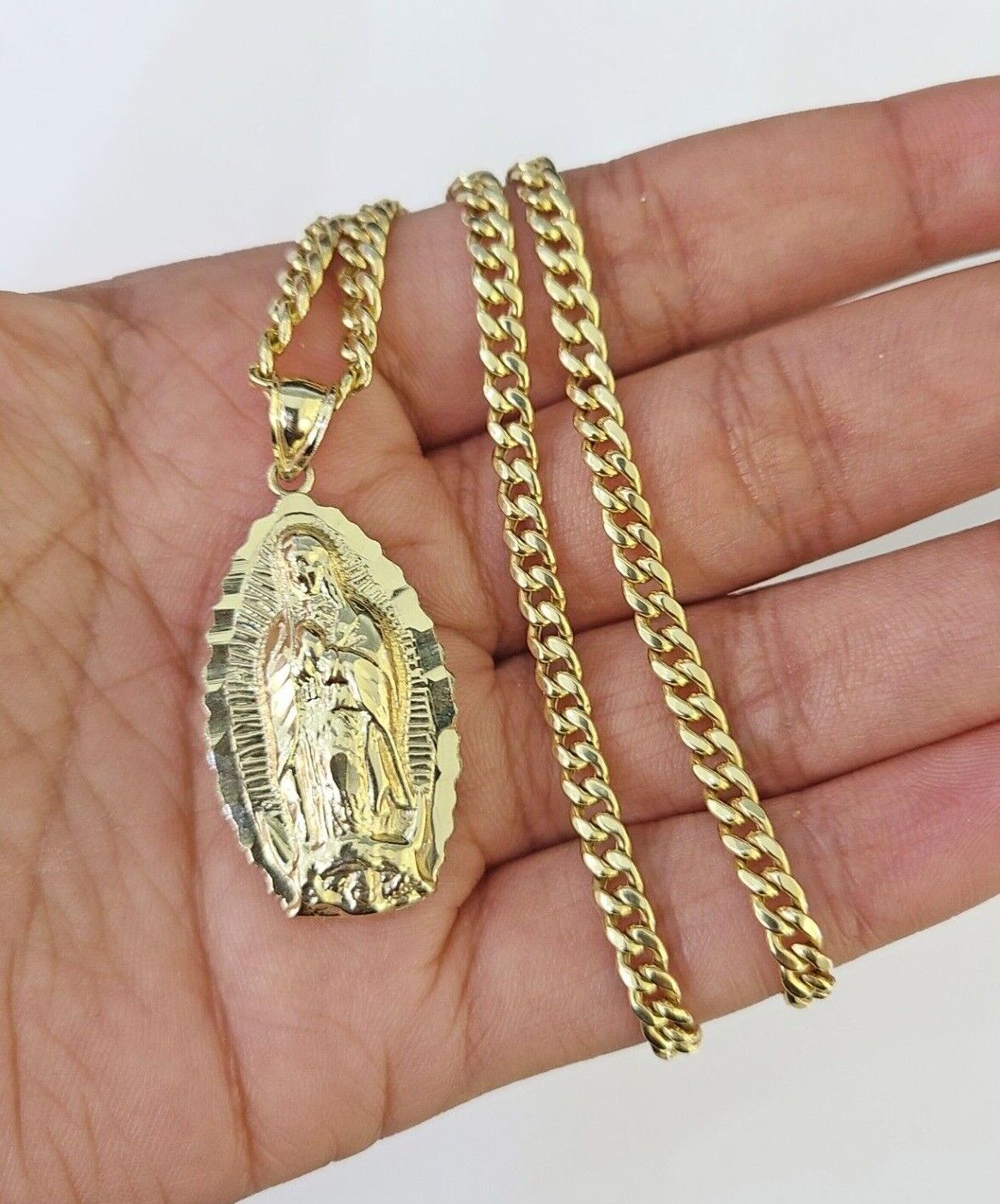 10k Miami Cuban Chain Virgin Mary Charm Set 4mm 18"-28" Necklace Yellow Gold