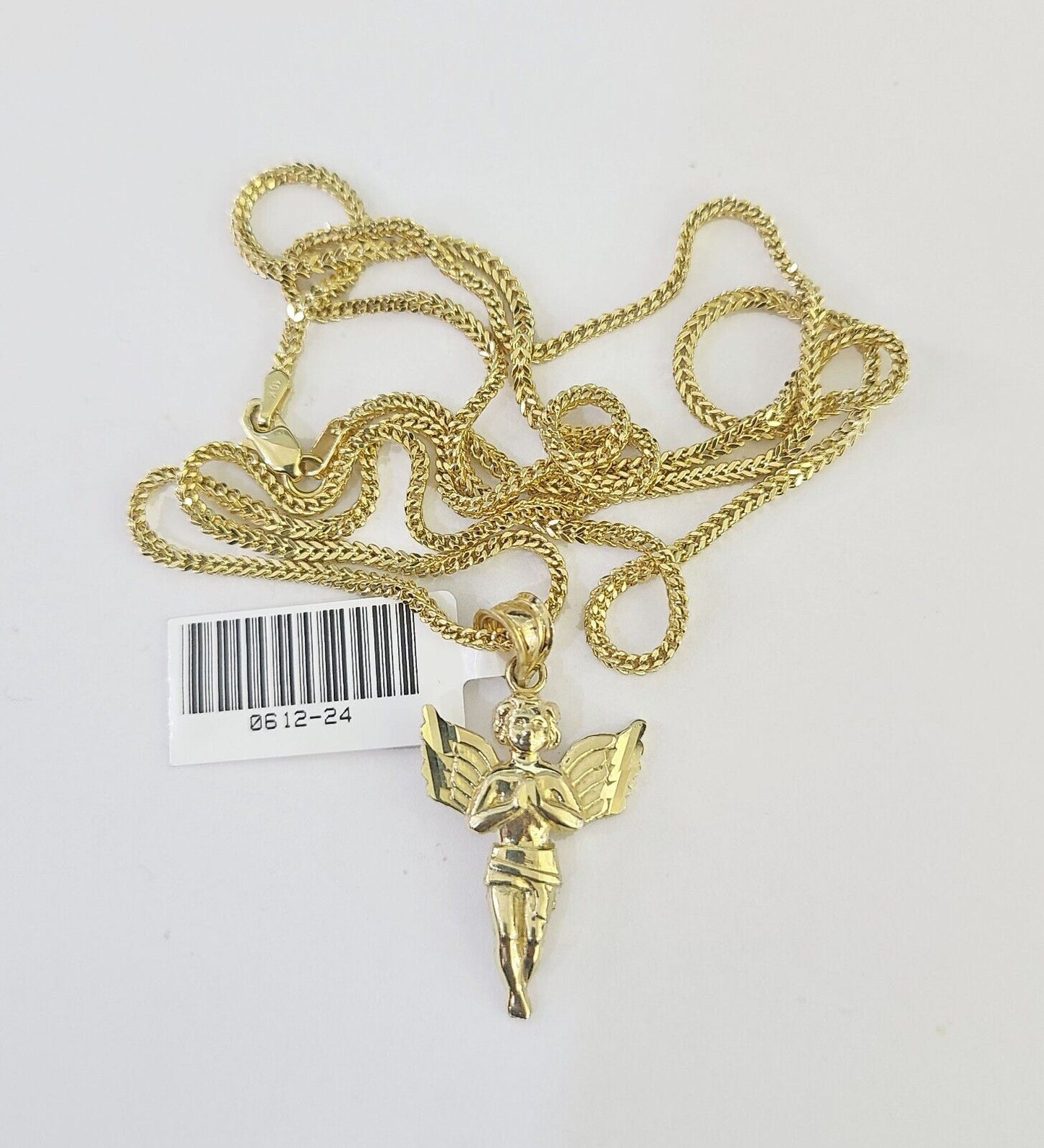 10K Solid Franco Chain Praying Angel Pendant Charm Necklace 18"-24" 1mm Gold