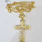 10k Gold Chain Cuban Curb Jesus Cross Charm Pendant Link 5mm 18"-28" Inch SET