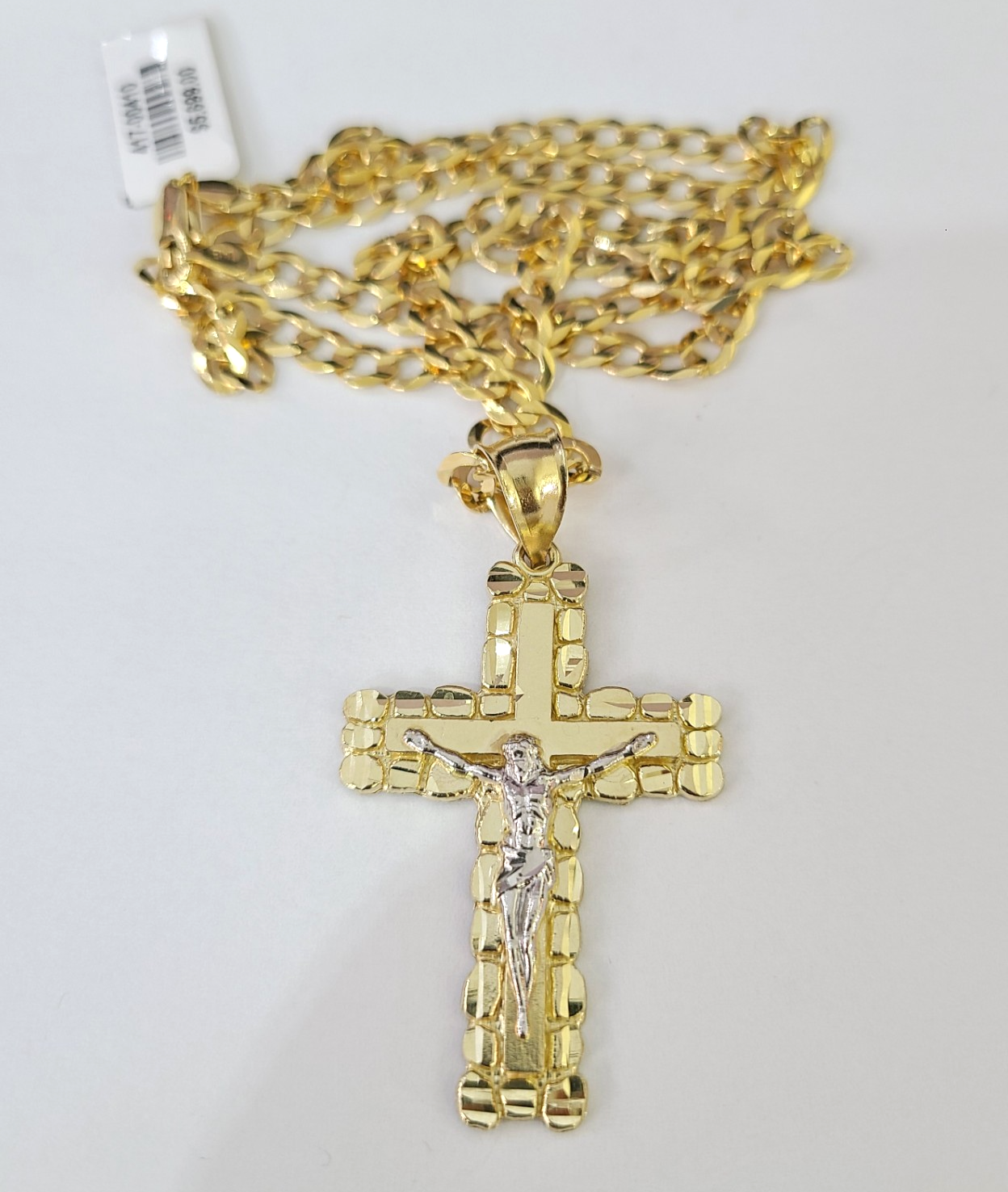 10k Gold Chain Cuban Curb Jesus Cross Charm Pendant Link 5mm 18"-28" Inch SET