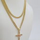 10k Gold Chain Miami Cuban Jesus Cross Charm Pendant Set 4mm 18"28" Necklace