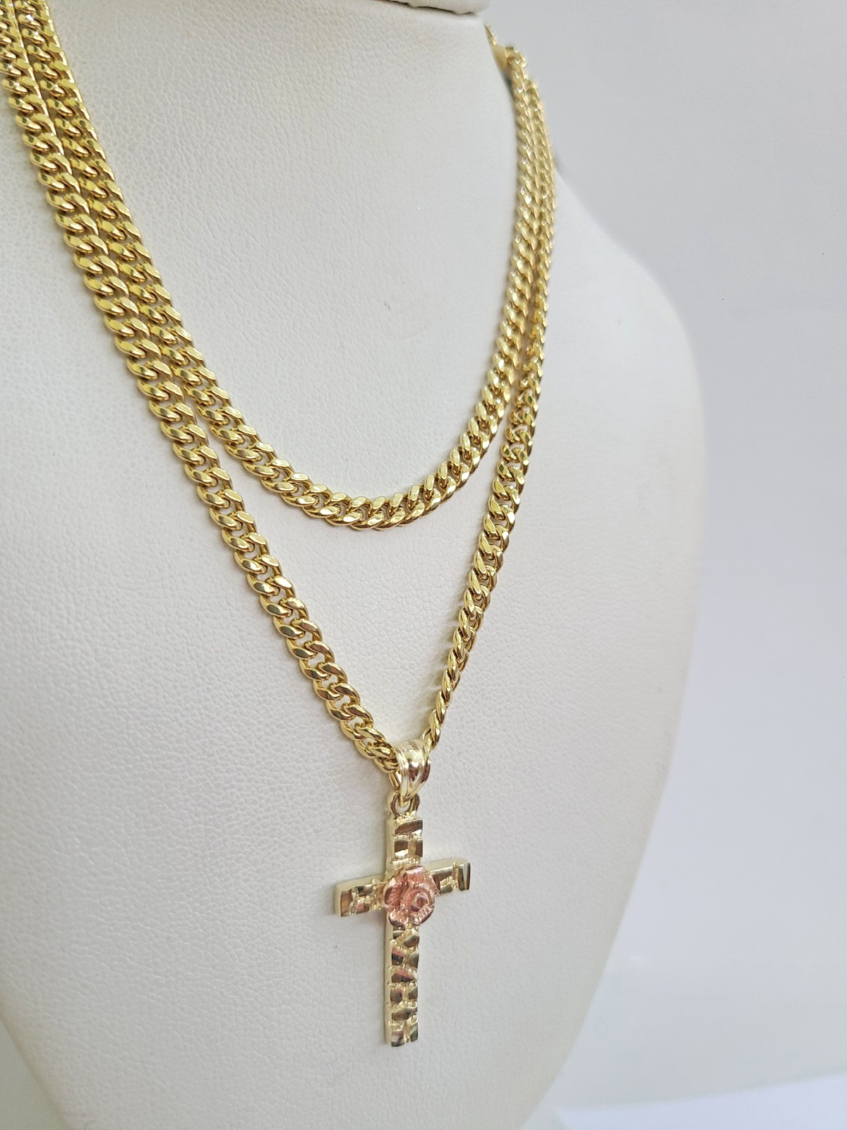 10k Gold Chain Miami Cuban Jesus Cross Charm Pendant Set 4mm 18"28" Necklace