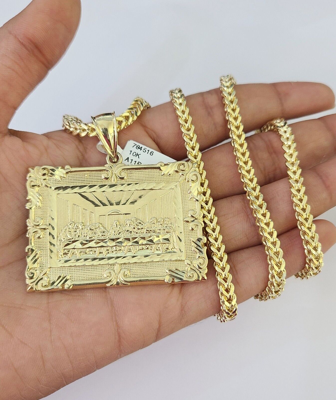 10K Franco Chain Last Supper Pendant Charm Necklace 20"-28" 4mm Yellow Gold SET