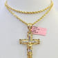 Real 14k Solid Rope Chain Jesus Nugget Cross Charm Set 3mm 18"-26" Necklace Gold