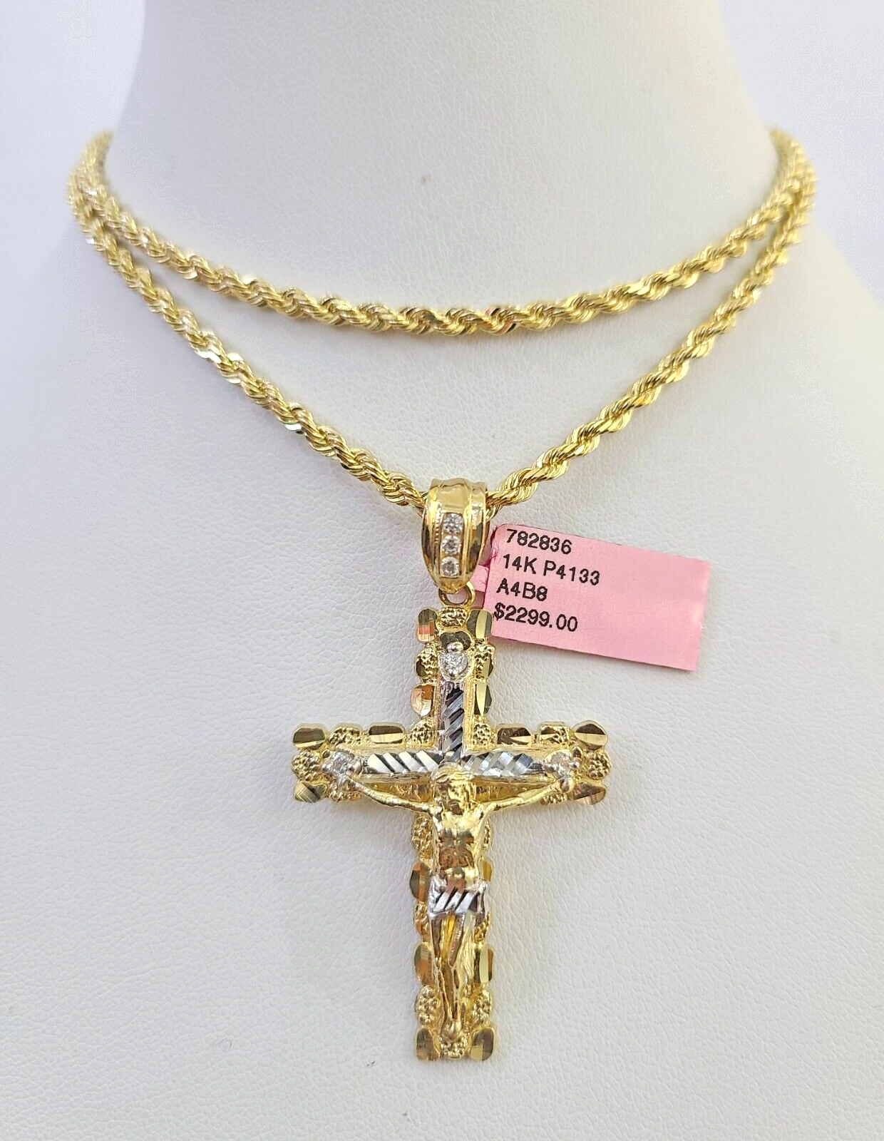 Real 14k Solid Rope Chain Jesus Nugget Cross Charm Set 3mm 18"-26" Necklace Gold