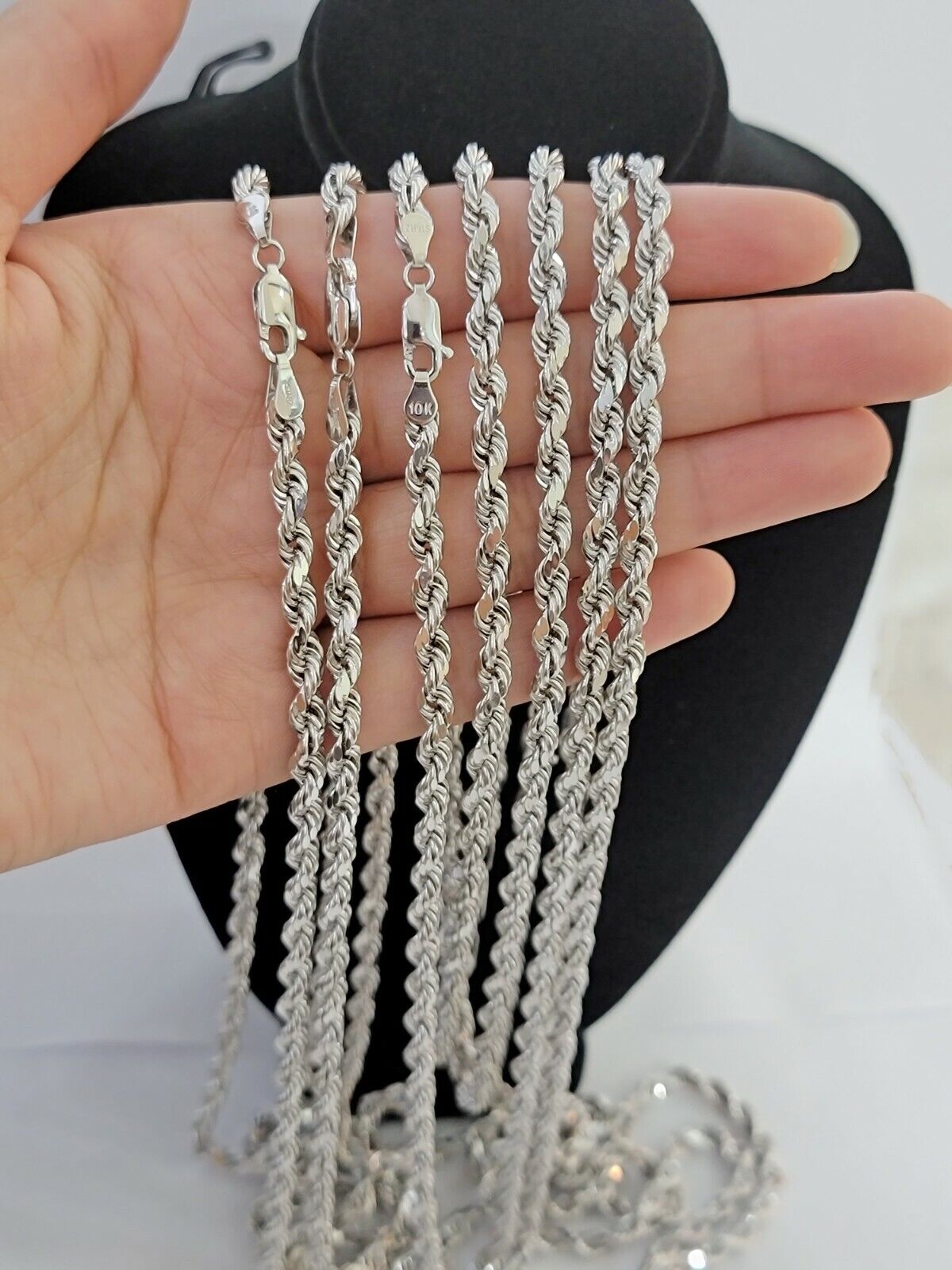 10k White Gold Rope Chain Necklace 20- 24 Inch 4mm Men Women Real Gold Diamond Cut