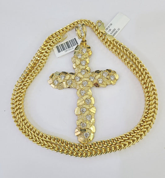 10K Franco Chain Jesus Cross Pendant Charm Necklace 20"-26" 5mm Gold Yellow SET