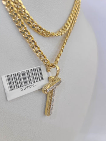 10k Miami Cuban Chain T Diamond Charm Set 4mm 18-26"Yellow Gold Necklace Pendant