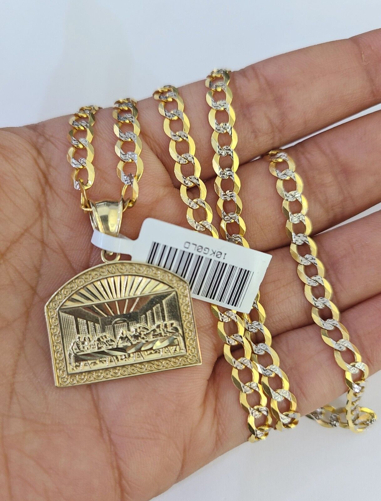 10k Gold Chain Last Supper Charm Solid Cuban Curb Link 5mm 18"-28" Inch SET