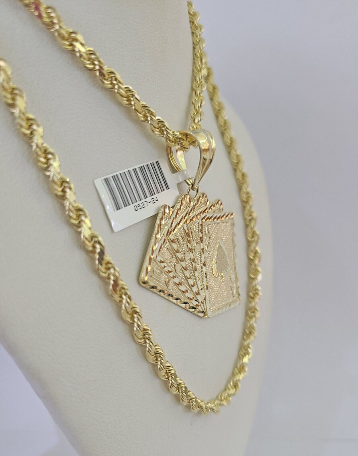 10k Solid Rope Chain Royal Flush Cards Charm Set 4mm 20"-28" Necklace Gold