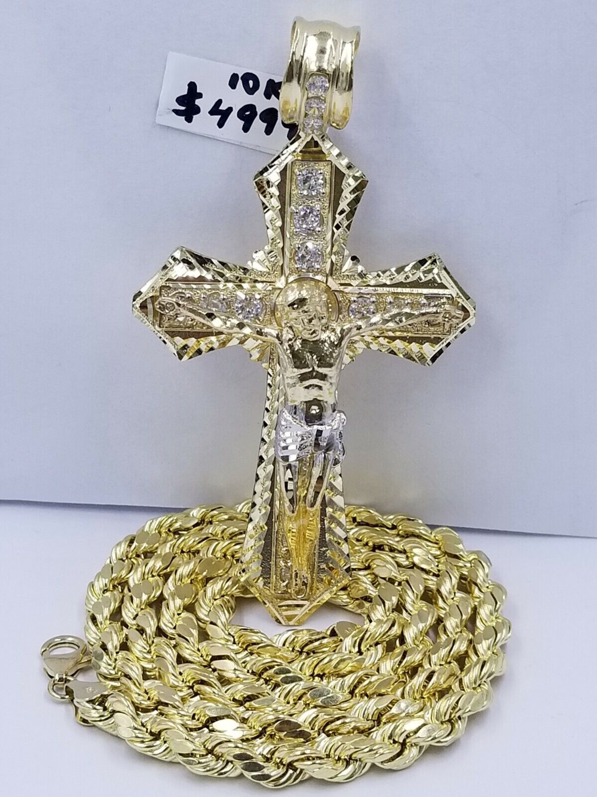 Men 10k Real Yellow Gold Rope Chain 24" Crucifix Cross Charm Diamond cut Set