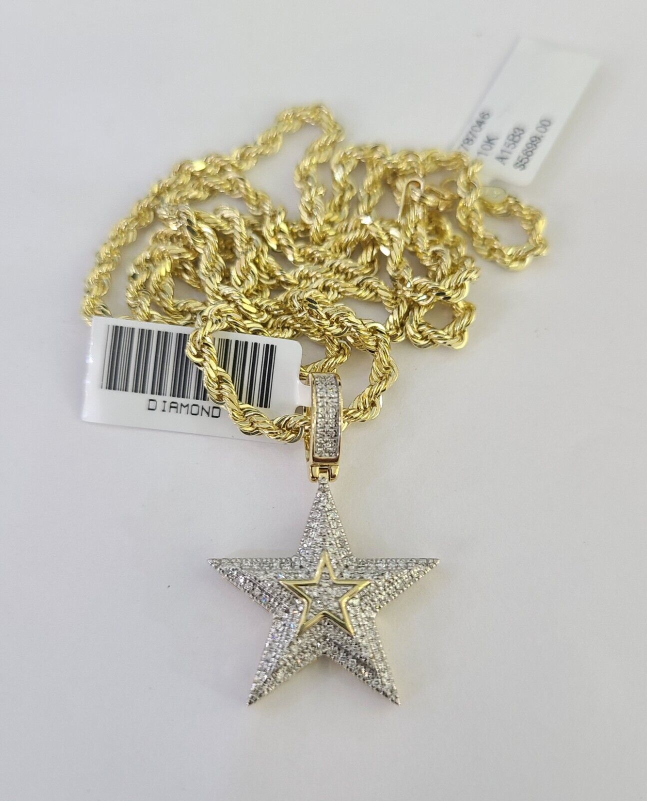 10k Solid Rope Chain 3mm Diamond Star Pendant Charm Necklace SET 18-26 in