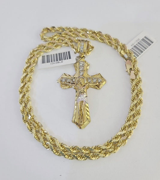 10k Solid Rope Chain Jesus Cross Charm Set 4mm 18"-30" Necklace Gold Pendant