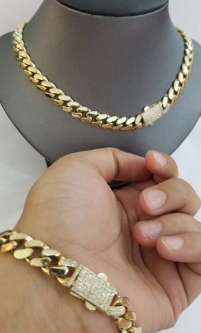 10k Yellow Gold Royal Miami Cuban Chain Bracelet 7.5" 10mm Monaco Necklace 22"