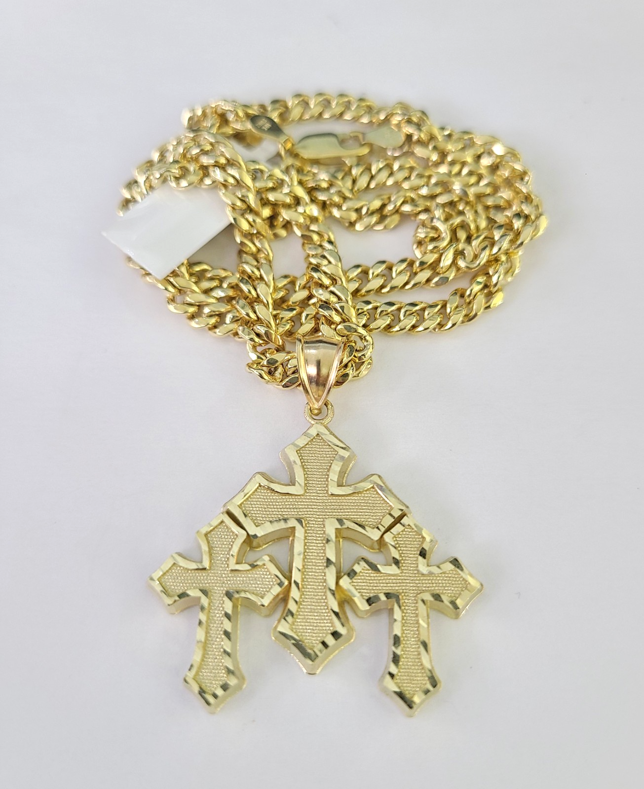 10k Triple Cross Charm Miami Cuban Chain Pendant Set 5mm 18"28" Necklace Gold