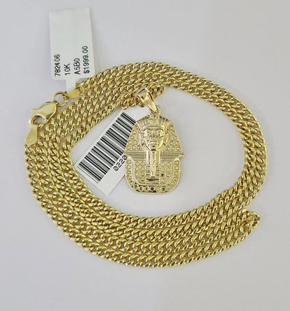 10K Gold Miami Cuban Chain Pharaoh 18"-28" 3mm REAL Pendant Necklace SET