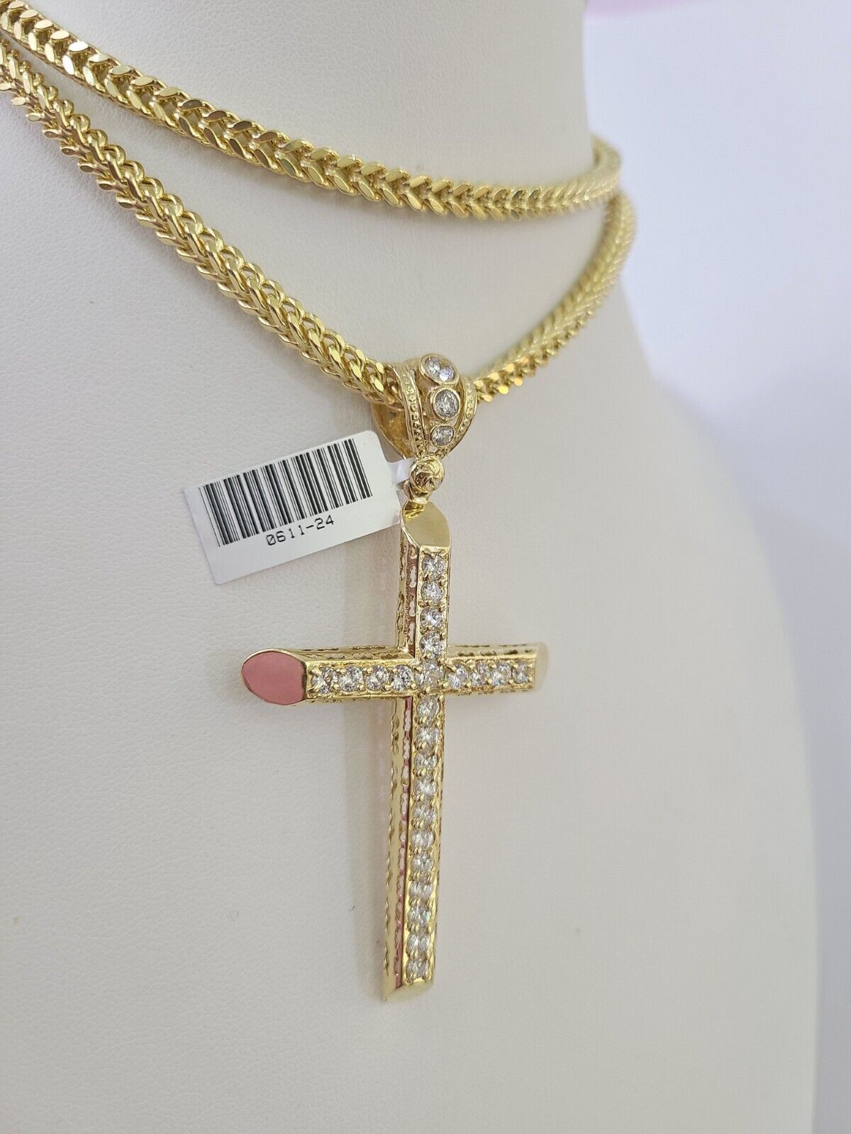 10K Franco Chain Jesus Cross Pendant Charm Necklace 20"-28" 4mm Gold Yellow SET