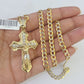 10k Gold Chain Cross Charm Solid Cuban Curb Link 5mm 18"-28" Inch DiamondCut SET