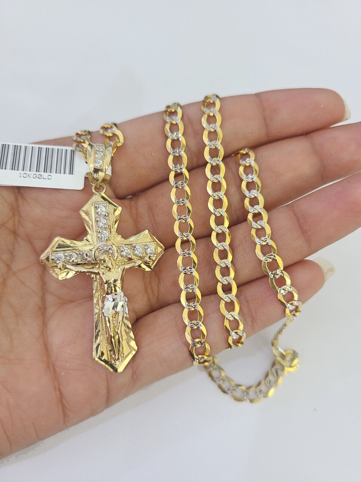 10k Gold Chain Cross Charm Solid Cuban Curb Link 5mm 18"-28" Inch DiamondCut SET