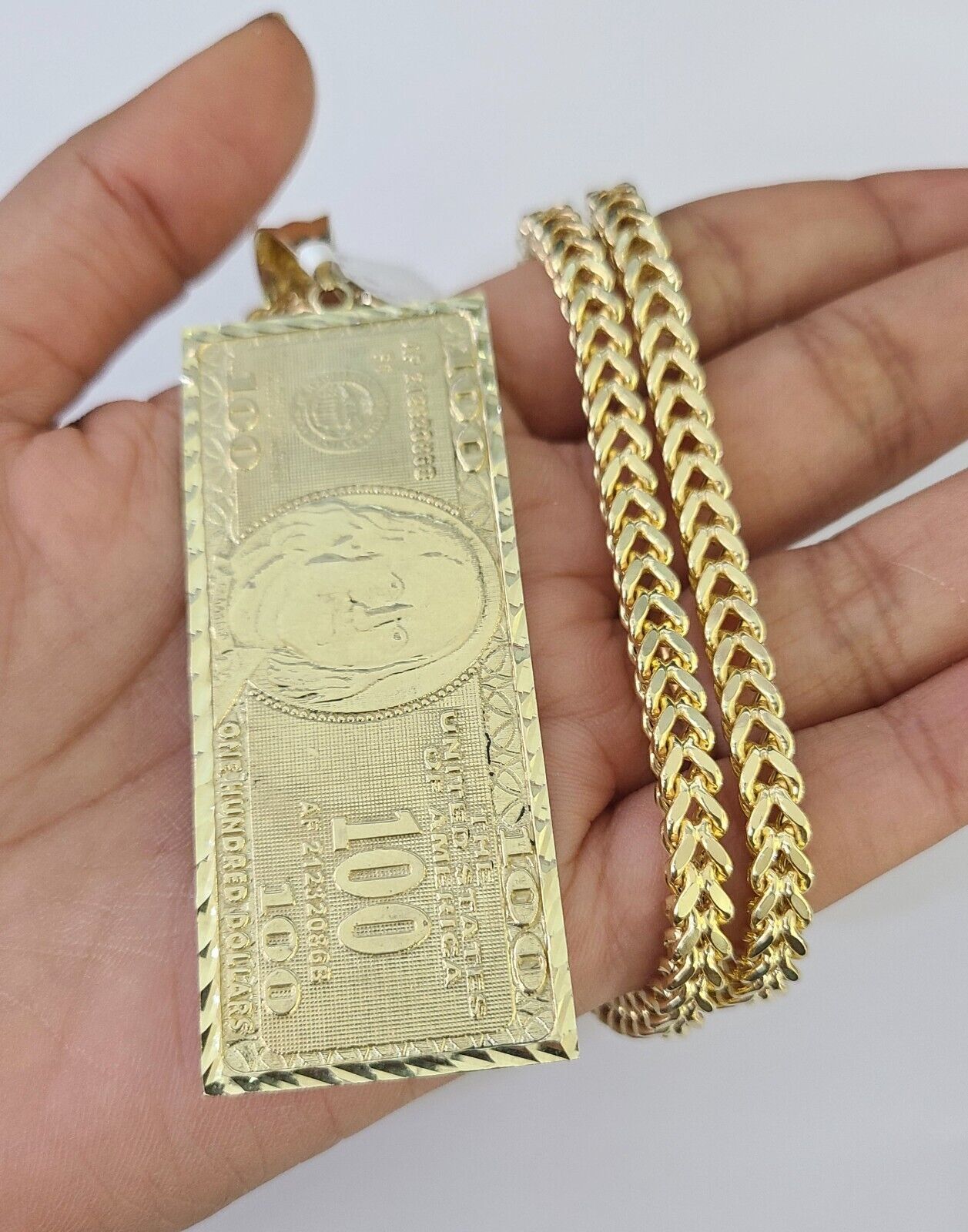 10K Franco Chain 100 Money Dollar Pendant Charm Necklace 20"-26" 5mm Gold SET