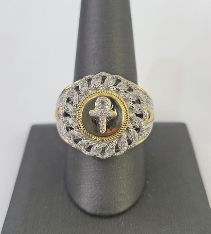 Real 10k Diamond Mens Ring Jesus Cross Band Yellow Gold Casual Genuine Natural